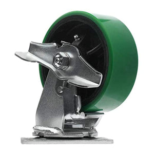 High-Capacity 5-Inch Plate Casters: 2-Pack of Heavy-Duty Polyurethane Molded Steel Wheels with Extra 2-Inch Width, 2000 lbs Total Capacity, Swivel with Brake, Green