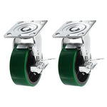 High-Capacity 5-Inch Plate Casters: 2-Pack of Heavy-Duty Polyurethane Molded Steel Wheels with Extra 2-Inch Width, 2000 lbs Total Capacity, Swivel with Brake, Green