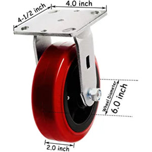 Maximize Mobility and Stability with 6" Heavy-Duty Plate Casters - Pack of 2, 1800 lbs Capacity, Polyolefin/Polyurethane Wheels, 2" Extra Width, Red/Black Rigid Design