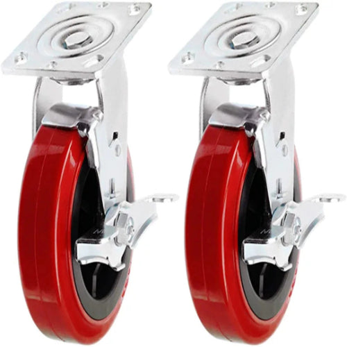 6" 2-Pack Plate Casters with Polyolefin/Polyurethane Wheels, Extra-Wide 2" Top Plate Caster with 1800 lbs Total Capacity - Red/Black Swivel Casters with Brakes (Pack of 2)