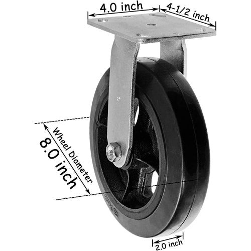 Medium Heavy Duty 8" Plate Caster - 2 Pack Rigid Rubber Mold on Steel Wheel Caster with Extra Width Top Plate and 1300 lbs Total Capacity