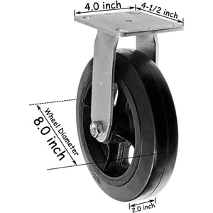 Medium Heavy Duty 8" Plate Caster - 2 Pack Rigid Rubber Mold on Steel Wheel Caster with Extra Width Top Plate and 1300 lbs Total Capacity