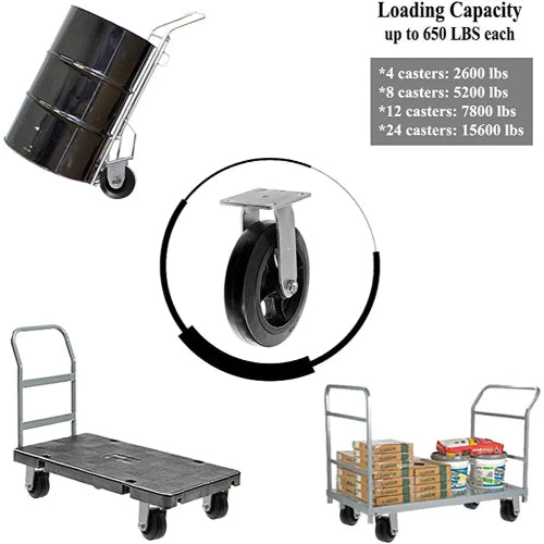 Medium Heavy Duty 8" Plate Caster - 2 Pack Rigid Rubber Mold on Steel Wheel Caster with Extra Width Top Plate and 1300 lbs Total Capacity