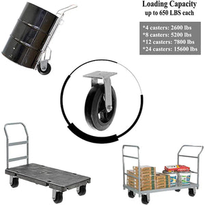Medium Heavy Duty 8" Plate Caster - 2 Pack Rigid Rubber Mold on Steel Wheel Caster with Extra Width Top Plate and 1300 lbs Total Capacity