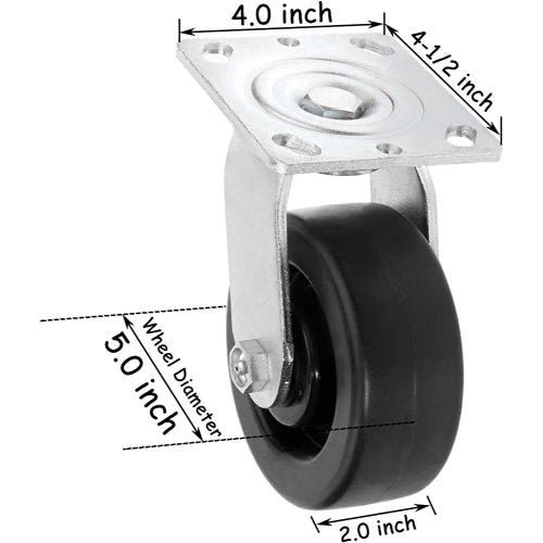 Heavy Duty Plate Casters - 5" Polyolefin Wheel, 2800 lbs Total Capacity - Pack of 4 (2 Swivel & 2 Rigid), Extra Width Top Plate Caster