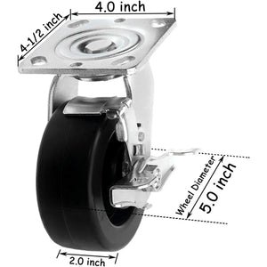 Heavy Duty Plate Casters - 5" Polyolefin Wheel, 2800 lbs Total Capacity - Pack of 4 (2 Swivel & 2 Rigid), Extra Width Top Plate Caster