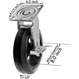 8" 4 Pack Plate Caster - Medium Heavy Duty Rubber Mold on Steel Wheel - 2600 lbs Total Capacity - Top Plate Caster - Pack of 4 (2 Swivel w/Brakes & 2 Rigid)