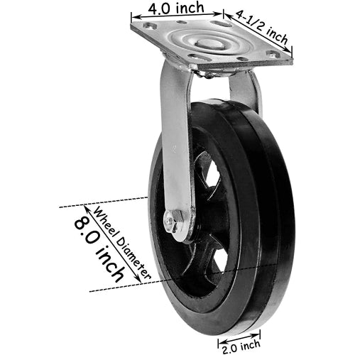 8" 4 Pack Plate Caster - Medium Heavy Duty Rubber Mold on Steel Wheel - 2600 lbs Total Capacity - Top Plate Caster - Pack of 4 (2 Swivel w/Brakes & 2 Rigid)