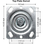 8" 4 Pack Plate Caster - Medium Heavy Duty Rubber Mold on Steel Wheel - 2600 lbs Total Capacity - Top Plate Caster - Pack of 4 (2 Swivel w/Brakes & 2 Rigid)