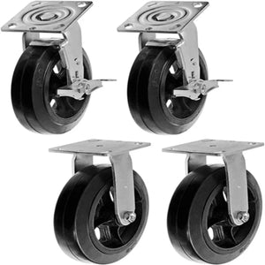 8" 4 Pack Plate Caster - Medium Heavy Duty Rubber Mold on Steel Wheel - 2600 lbs Total Capacity - Top Plate Caster - Pack of 4 (2 Swivel w/Brakes & 2 Rigid)