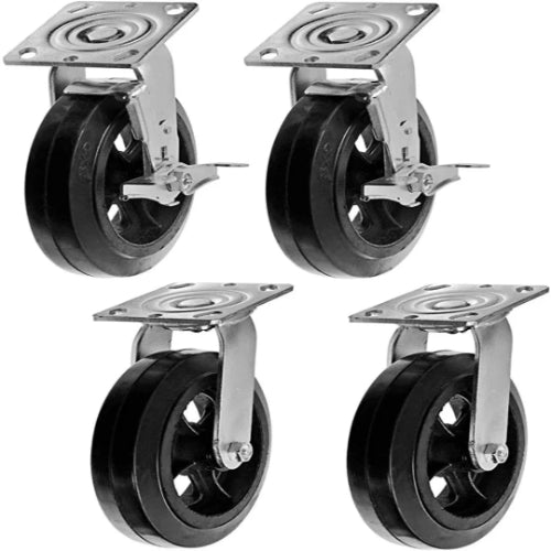 Medium-Heavy Duty 8" Plate Casters with 2600 lbs Total Capacity - Pack of 4 (4 Swivel, 2 with Brake)