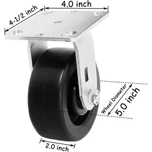 Heavy Duty 5" Plate Casters - 2 Pack Rigid Caster Wheels with 1400 lbs Total Capacity and Polyolefin Wheels - Extra Wide Top Plate for Maximum Stability and Durability