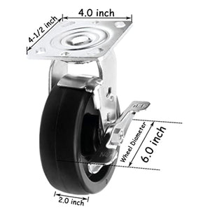 6" 4 Pack Plate Caster, Heavy Duty w/Polyolefin Wheel, Top Plate Caster Extra Width 2 inches, 3200 lbs Total Capacity (6 inches Pack of 4, 2 Swivel w/Brakes & 2 Rigid)