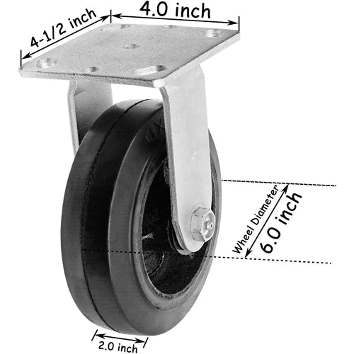 Heavy Duty 6" Plate Caster Set - 4 Pack (2 Swivel & 2 Rigid) with 2400 lbs Total Capacity - Rubber Mold on Steel Wheel Caster w/Top Plate, 2 inches Extra Width