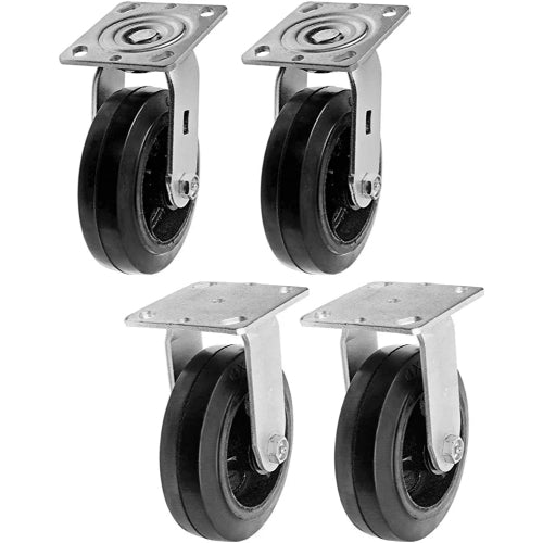 Heavy Duty 6" Plate Caster Set - 4 Pack (2 Swivel & 2 Rigid) with 2400 lbs Total Capacity - Rubber Mold on Steel Wheel Caster w/Top Plate, 2 inches Extra Width