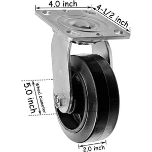 Heavy Duty 5" Plate Casters - 4 Pack (2200 lbs Total Capacity) with 2 Swivel & 2 Rigid Casters - Rubber Mold on Steel Wheels and Top Plate Caster with Extra 2-inch Width