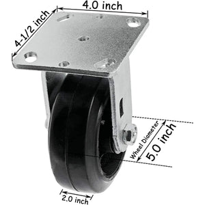 Heavy Duty 5" Plate Casters - 4 Pack (2200 lbs Total Capacity) with 2 Swivel & 2 Rigid Casters - Rubber Mold on Steel Wheels and Top Plate Caster with Extra 2-inch Width