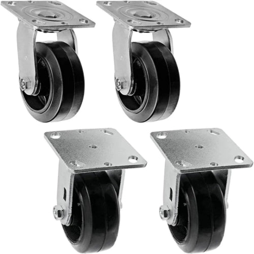 Heavy Duty 5" Plate Casters - 4 Pack (2200 lbs Total Capacity) with 2 Swivel & 2 Rigid Casters - Rubber Mold on Steel Wheels and Top Plate Caster with Extra 2-inch Width