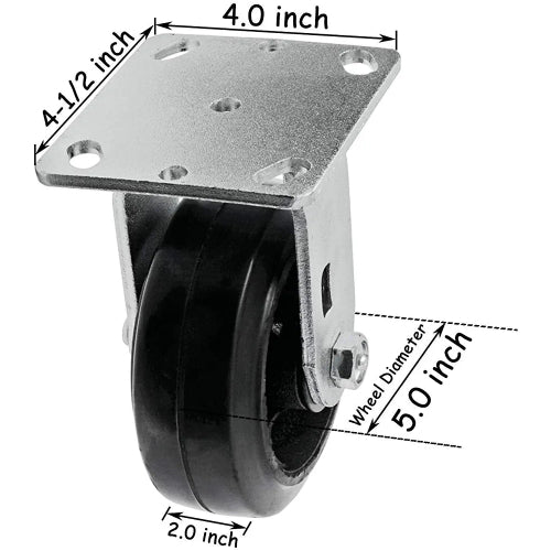 Medium Heavy Duty Rigid Rubber Mold on Steel Wheel Caster - 5" Top Plate Caster with Extra 2" Width - 1100 lbs Total Capacity - Pack of 2