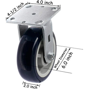 Heavy Duty 6" Caster Set - 4 Pack, 4000 lbs Total Capacity, Polyurethane Precision Bearing Wheels, 2 Swivel + 2 Rigid, Blue