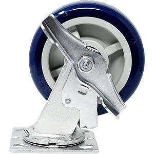 Upgrade Your Equipment with 6" Top Plate Casters - 2 Pack of High-Performance Polyurethane Wheels, 2000 lbs Capacity, 2" Extra Width, Blue Swivel Design, and Brakes for Added Safety