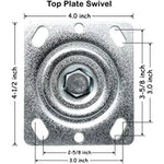 4" Heavy Duty Cast Iron V-Groove Wheel Plate Casters - Pack of 4 (2 Swivel w/Brakes & 2 Rigid) - 3200 lbs Total Capacity - Top Plate Caster Extra Width 2 inches