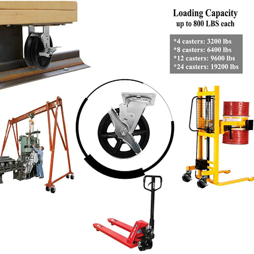 4" Heavy Duty Cast Iron V-Groove Wheel Plate Casters - Pack of 4 (2 Swivel w/Brakes & 2 Rigid) - 3200 lbs Total Capacity - Top Plate Caster Extra Width 2 inches