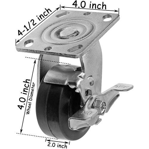Extra Wide 4" 4-Pack Plate Casters - 1800 lbs Capacity (2 Swivel w/Brakes & 2 Rigid) - Mold-on Rubber Steel Wheel