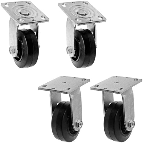 Extra Wide 4" 4-Pack Plate Casters - 1800 lbs Capacity (2 Swivel w/Brakes & 2 Rigid) - Mold-on Rubber Steel Wheel