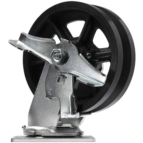 6" 4-Pack Heavy Duty Cast Iron V-Groove Wheel Top Plate Caster - 4000 lbs Total Capacity - 2 Swivel w/Brakes & 2 Rigid (6 inches Pack of 4)