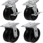 6" 4-Pack Heavy Duty Cast Iron V-Groove Wheel Top Plate Caster - 4000 lbs Total Capacity - 2 Swivel w/Brakes & 2 Rigid (6 inches Pack of 4)