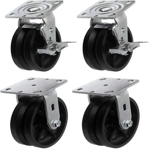 6" 4-Pack Heavy Duty Cast Iron V-Groove Wheel Top Plate Caster - 4000 lbs Total Capacity - 2 Swivel w/Brakes & 2 Rigid (6 inches Pack of 4)