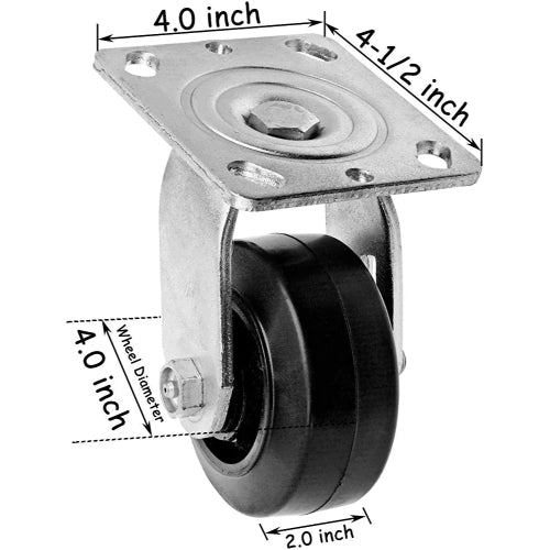 4" 4-Pack Heavy Duty Rubber-Steel Plate Caster with Top Plate, 2-Inch Width and 1800 lbs Total Capacity (Includes 2 Swivel Casters with Brakes & 2 Fixed Casters)