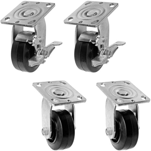 4" 4-Pack Heavy Duty Rubber-Steel Plate Caster with Top Plate, 2-Inch Width and 1800 lbs Total Capacity (Includes 2 Swivel Casters with Brakes & 2 Fixed Casters)