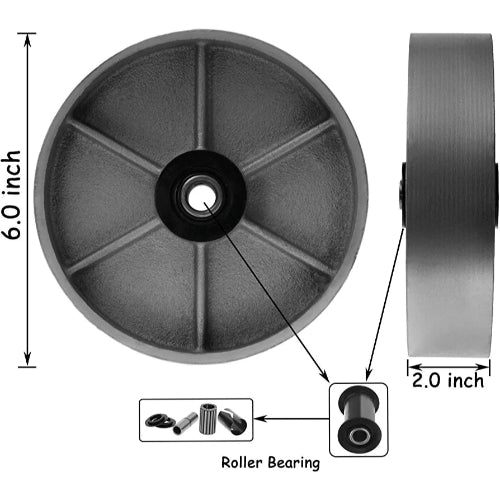 6"x2" Heavy Duty Steel Wheel with Rolling Bearing & Steel Bushing Up to Loading Capacity 1200LBS Each (2pack)