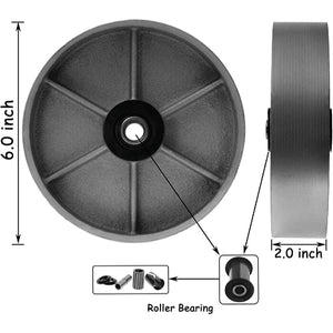 6"x2" Heavy Duty Steel Wheel with Rolling Bearing & Steel Bushing Up to Loading Capacity 1200LBS Each (2pack)