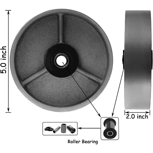 Heavy Duty Steel Wheels - 5"x2" with 1000lbs Capacity, Rolling Bearing & Steel Bushing (4 Pack)