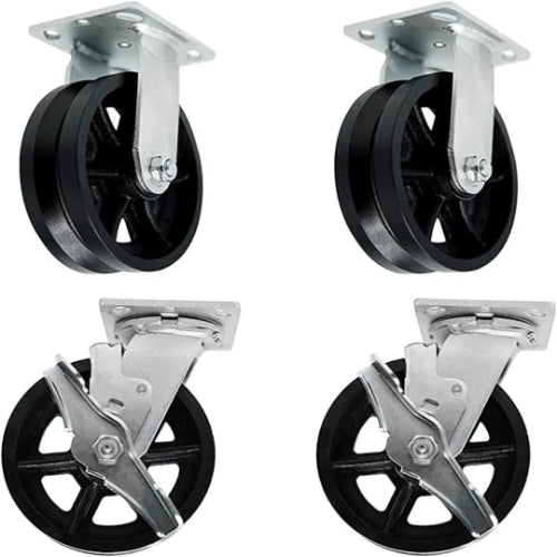 6" Heavy Duty Cast Iron V-Groove Plate Casters, 4 Pack with 3200lbs Total Capacity (2 Swivel w/Brakes & 2 Rigid), 2" Extra Width Top Plate Caster