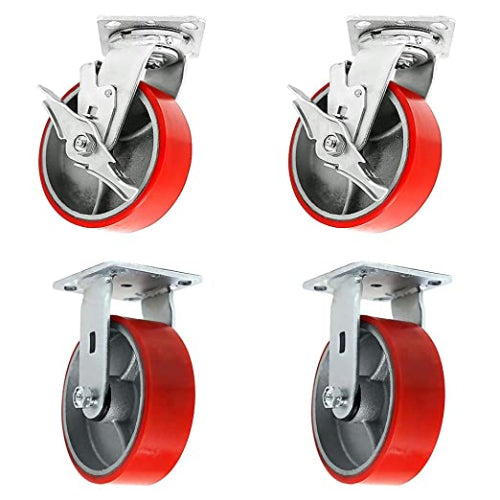 4" 4 Pack Plate Caster, Heavy Duty Polyurethane Mold on Steel Wheel Top Plate Caster Extra Width 2 inches 3000lbs Total Capacity (4 inches Pack of 4, 2 Swivels w/Brakes + 2 Rigid)