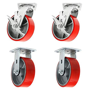 4" 4 Pack Plate Caster, Heavy Duty Polyurethane Mold on Steel Wheel Top Plate Caster Extra Width 2 inches 3000lbs Total Capacity (4 inches Pack of 4, 2 Swivels w/Brakes + 2 Rigid)