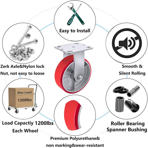 Maximize Mobility and Strength with our 6" Heavy Duty Polyurethane Plate Caster - 1200lbs Capacity, Extra Wide 2-inch Top Plate, Steel Wheel, Red Rigid Design