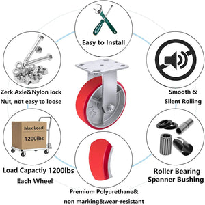 Maximize Mobility and Strength with our 6" Heavy Duty Polyurethane Plate Caster - 1200lbs Capacity, Extra Wide 2-inch Top Plate, Steel Wheel, Red Rigid Design