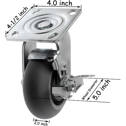 5" 4 Pack Plate Casters - Heavy Duty Rubber Swivel & Rigid Caster Set with Brakes - 1600 lbs Total Capacity - Top Plate Mounting