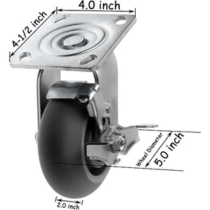 5" 4 Pack Plate Casters - Heavy Duty Rubber Swivel & Rigid Caster Set with Brakes - 1600 lbs Total Capacity - Top Plate Mounting