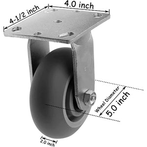 5" 4 Pack Plate Casters - Heavy Duty Rubber Swivel & Rigid Caster Set with Brakes - 1600 lbs Total Capacity - Top Plate Mounting