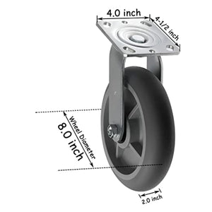 8" Heavy Duty Rubber Plate Casters - Pack of 4 with 2400lbs Total Capacity, Swivel Casters with Brakes - Ideal for Industrial Equipment and Material Handling