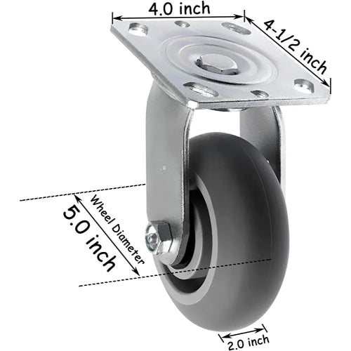 Heavy Duty 5" Plate Casters - 4 Pack with 2 Swivel and 2 Rigid Casters, 1600 lbs Total Capacity - Crowned Thermoplastic Rubber Wheels for Food Service, Material Handling and More