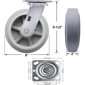 8" 4 Pack Plate Caster, Thermoplastic Heavy Duty Rubber Gray Swivel Rigid Caster, Top Plate Caster, 2400 lbs Total Capacity (8 inches Pack of 4, 2 Swivel & 2 Rigid)