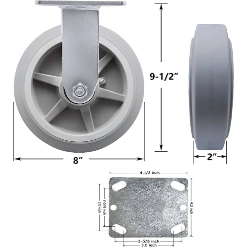 8" 2 Pack Plate Caster, Thermoplastic Heavy Duty Rubber Gray Rigid Caster, Top Plate Caster, 1200 lbs Total Capacity (8 inches Pack of 2, Rigid Wheel)