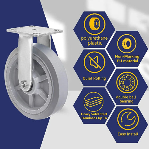 8" 2 Pack Plate Caster, Thermoplastic Heavy Duty Rubber Gray Rigid Caster, Top Plate Caster, 1200 lbs Total Capacity (8 inches Pack of 2, Rigid Wheel)